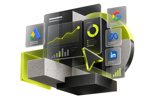 Paneles de analítica con los iconos de Google, Meta y LinkedIn