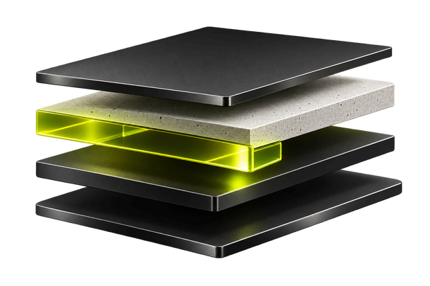 Planchas de material apiladas con luz verde entre ellas
