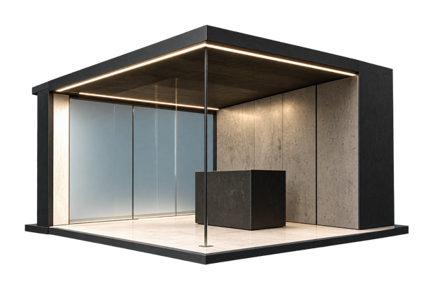 Stand de feria de paredes de hormigón y madera con iluminación perimetral